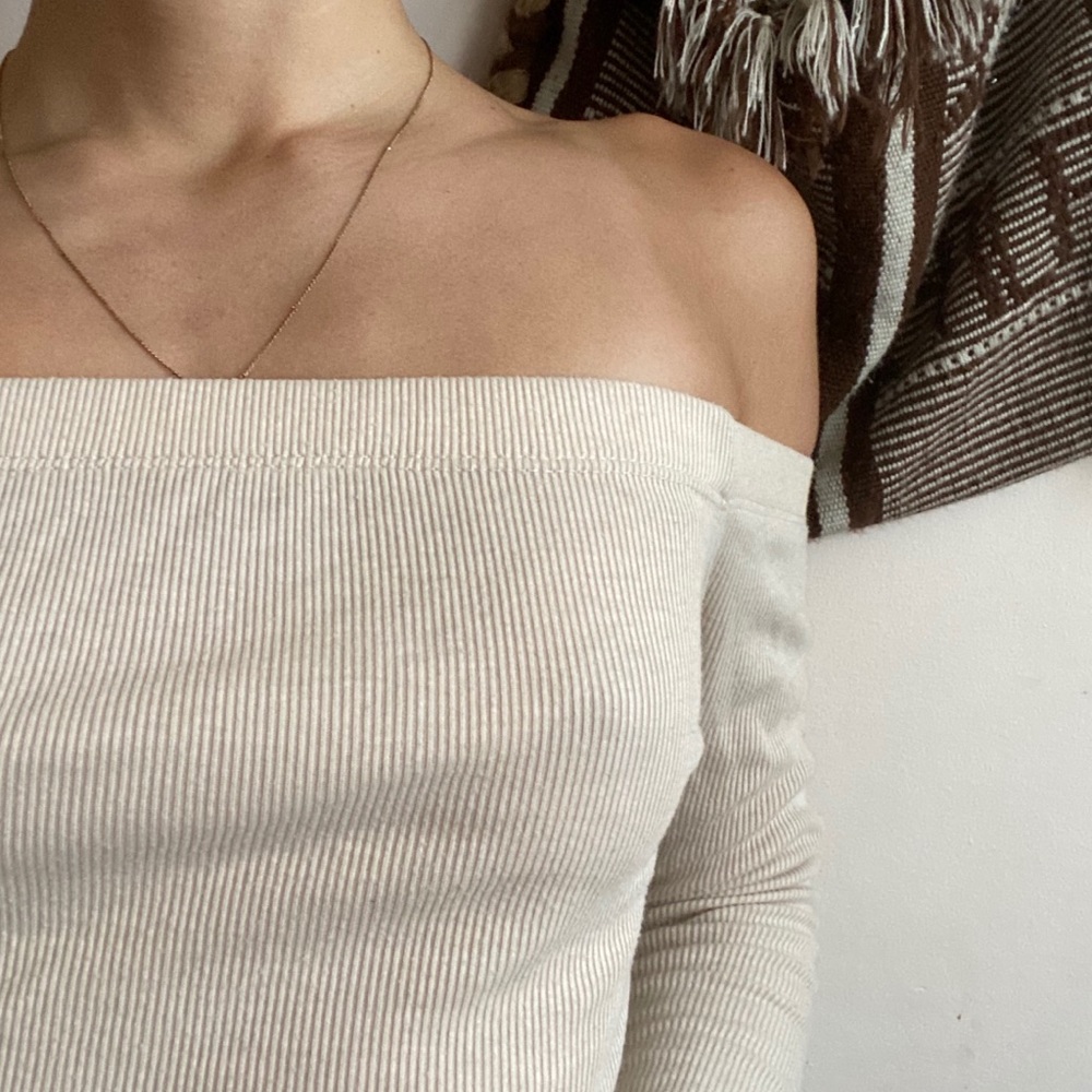 beige long sleeve off the shoulder top
